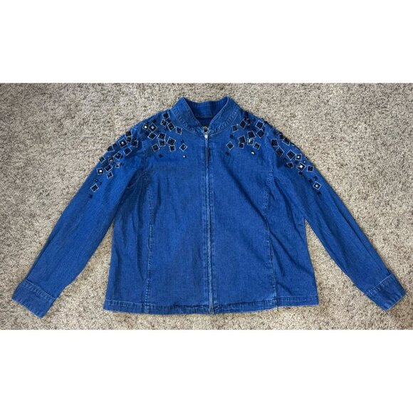 BOB MACKIE Blue Denim Full Zip Jacket Top Beaded Rhinestone Artsy Pockets LARGE - Picture 1 of 11